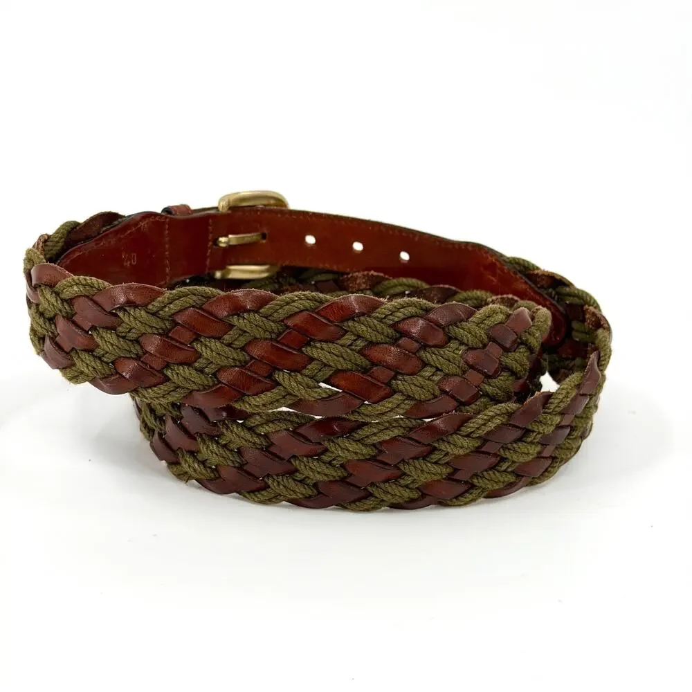 Vintage 90s Tuttle Golf Collection Brown Leather Green Cord Woven Belt